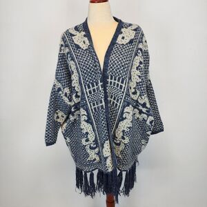 En Ceme Womens Fringe Poncho Sweater Size M Relaxed Fit Blue Long Sleeve Boho